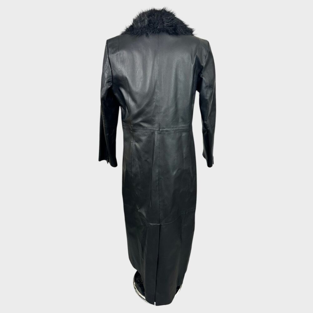 Vintage Terry Lewis Classic Luxuries S Long 100% Leather Coat Faux Fur Collar - Picture 6 of 10